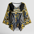 Aotearoa Ngati Raukawa Kimono Sleeve Blouse Maori Tribal Yellow And Navy Paua Shell Pattern