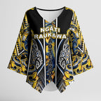 Aotearoa Ngati Raukawa Kimono Sleeve Blouse Maori Tribal Yellow And Navy Paua Shell Pattern