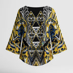 Aotearoa Ngati Raukawa Kimono Sleeve Blouse Maori Tribal Yellow And Navy Paua Shell Pattern