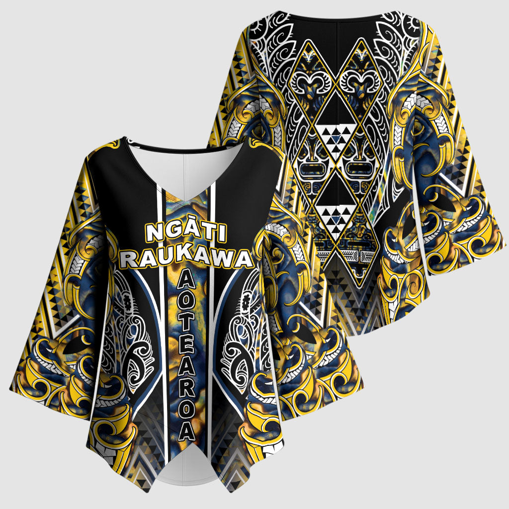Aotearoa Ngati Raukawa Kimono Sleeve Blouse Maori Tribal Yellow And Navy Paua Shell Pattern