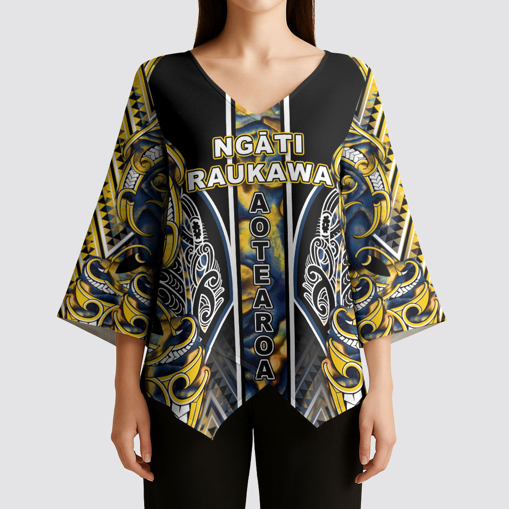 Aotearoa Ngati Raukawa Kimono Sleeve Blouse Maori Tribal Yellow And Navy Paua Shell Pattern