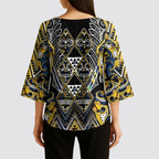 Aotearoa Ngati Raukawa Kimono Sleeve Blouse Maori Tribal Yellow And Navy Paua Shell Pattern