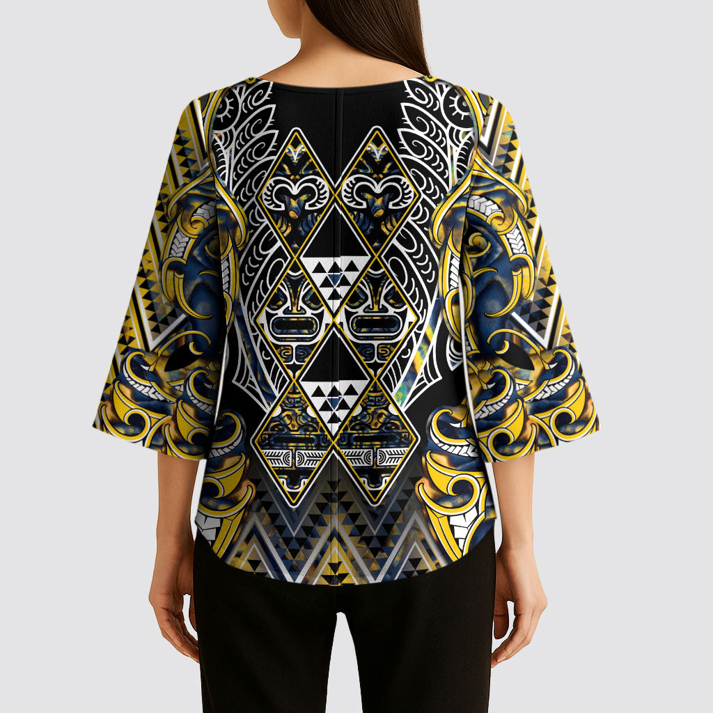 Aotearoa Ngati Raukawa Kimono Sleeve Blouse Maori Tribal Yellow And Navy Paua Shell Pattern