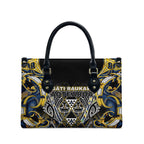 Aotearoa Ngati Raukawa Leather Bag Maori Tribal Yellow And Navy Paua Shell Pattern