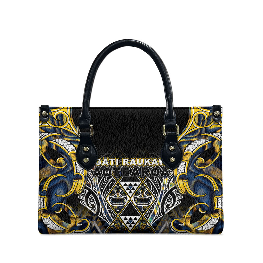 Aotearoa Ngati Raukawa Leather Bag Maori Tribal Yellow And Navy Paua Shell Pattern