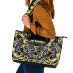 Aotearoa Ngati Raukawa Leather Tote Bag Maori Tribal Yellow And Navy Paua Shell Pattern