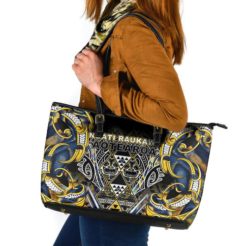 Aotearoa Ngati Raukawa Leather Tote Bag Maori Tribal Yellow And Navy Paua Shell Pattern