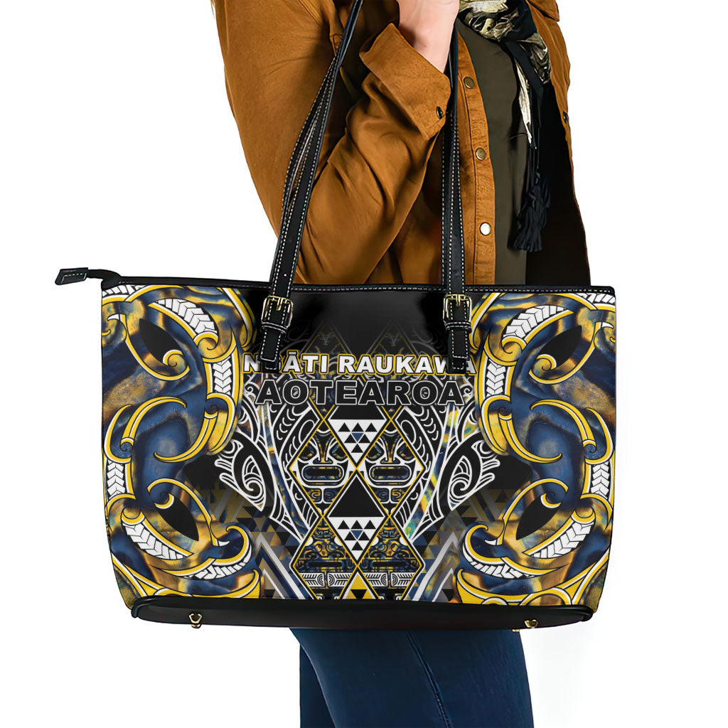 Aotearoa Ngati Raukawa Leather Tote Bag Maori Tribal Yellow And Navy Paua Shell Pattern