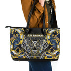 Aotearoa Ngati Raukawa Leather Tote Bag Maori Tribal Yellow And Navy Paua Shell Pattern