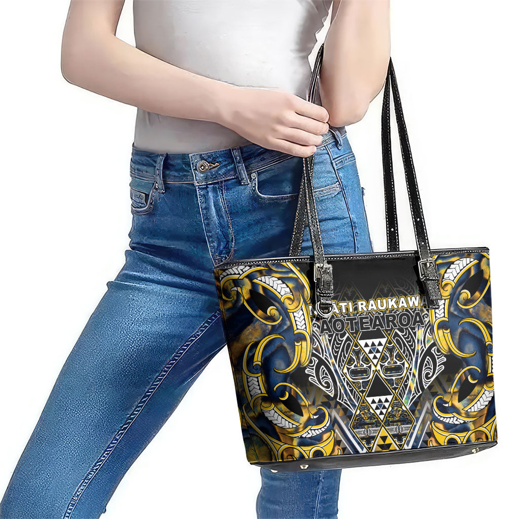 Aotearoa Ngati Raukawa Leather Tote Bag Maori Tribal Yellow And Navy Paua Shell Pattern