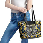 Aotearoa Ngati Raukawa Leather Tote Bag Maori Tribal Yellow And Navy Paua Shell Pattern