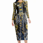 Aotearoa Ngati Raukawa Long Sleeve Bodycon Dress Maori Tribal Yellow And Navy Paua Shell Pattern