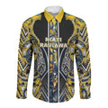 Aotearoa Ngati Raukawa Long Sleeve Button Shirt Maori Tribal Yellow And Navy Paua Shell Pattern