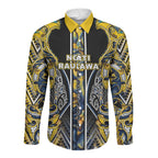 Aotearoa Ngati Raukawa Long Sleeve Button Shirt Maori Tribal Yellow And Navy Paua Shell Pattern