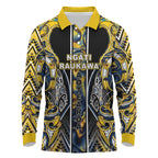 Aotearoa Ngati Raukawa Long Sleeve Polo Shirt Maori Tribal Yellow And Navy Paua Shell Pattern