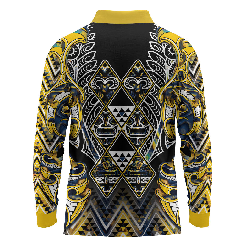 Aotearoa Ngati Raukawa Long Sleeve Polo Shirt Maori Tribal Yellow And Navy Paua Shell Pattern