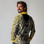 Aotearoa Ngati Raukawa Long Sleeve Polo Shirt Maori Tribal Yellow And Navy Paua Shell Pattern
