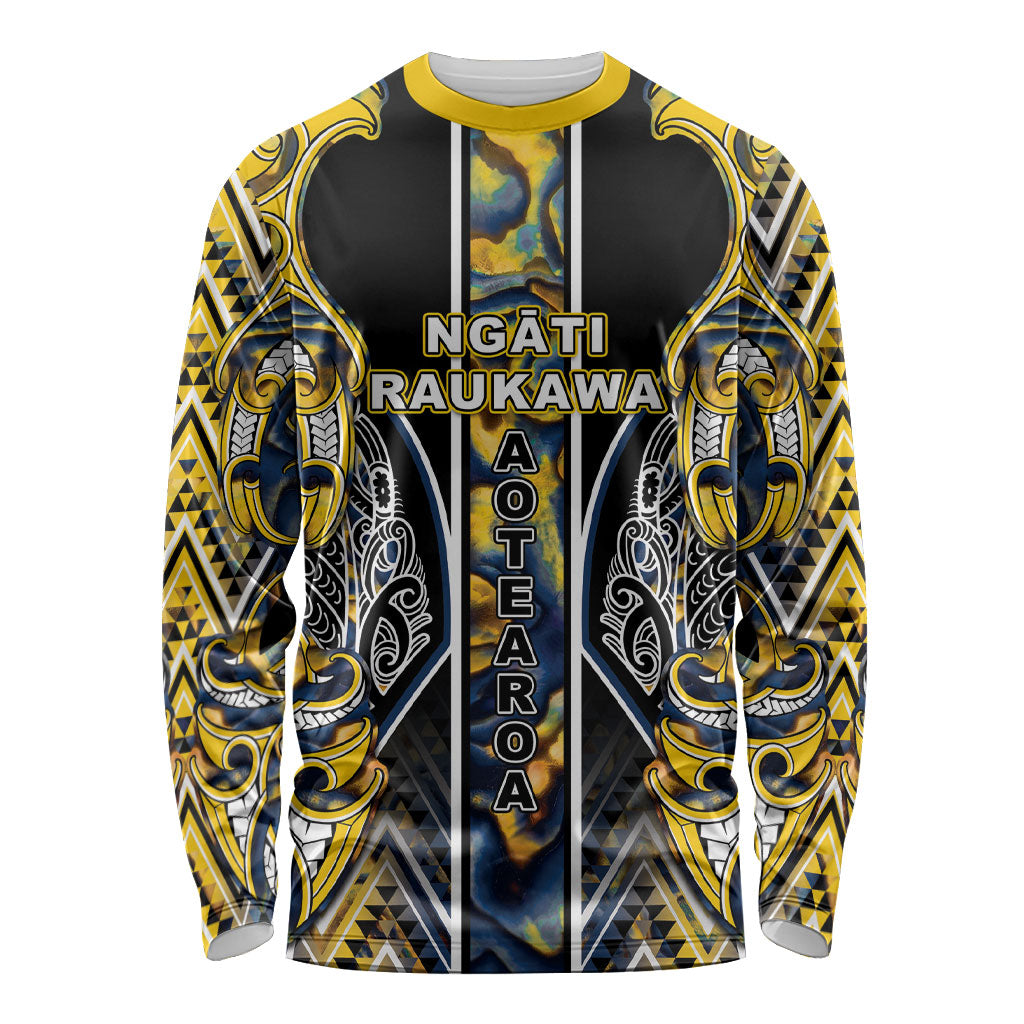 Aotearoa Ngati Raukawa Long Sleeve Shirt Maori Tribal Yellow And Navy Paua Shell Pattern