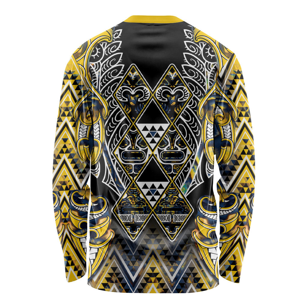 Aotearoa Ngati Raukawa Long Sleeve Shirt Maori Tribal Yellow And Navy Paua Shell Pattern