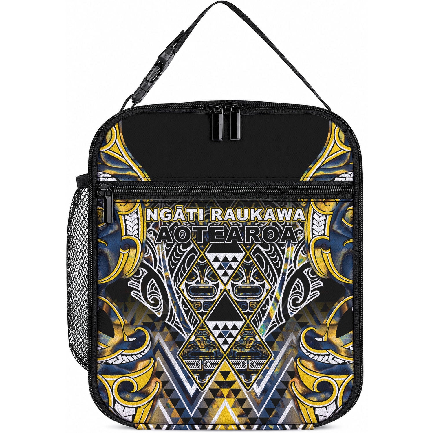 Aotearoa Ngati Raukawa Lunch Bag Maori Tribal Yellow And Navy Paua Shell Pattern
