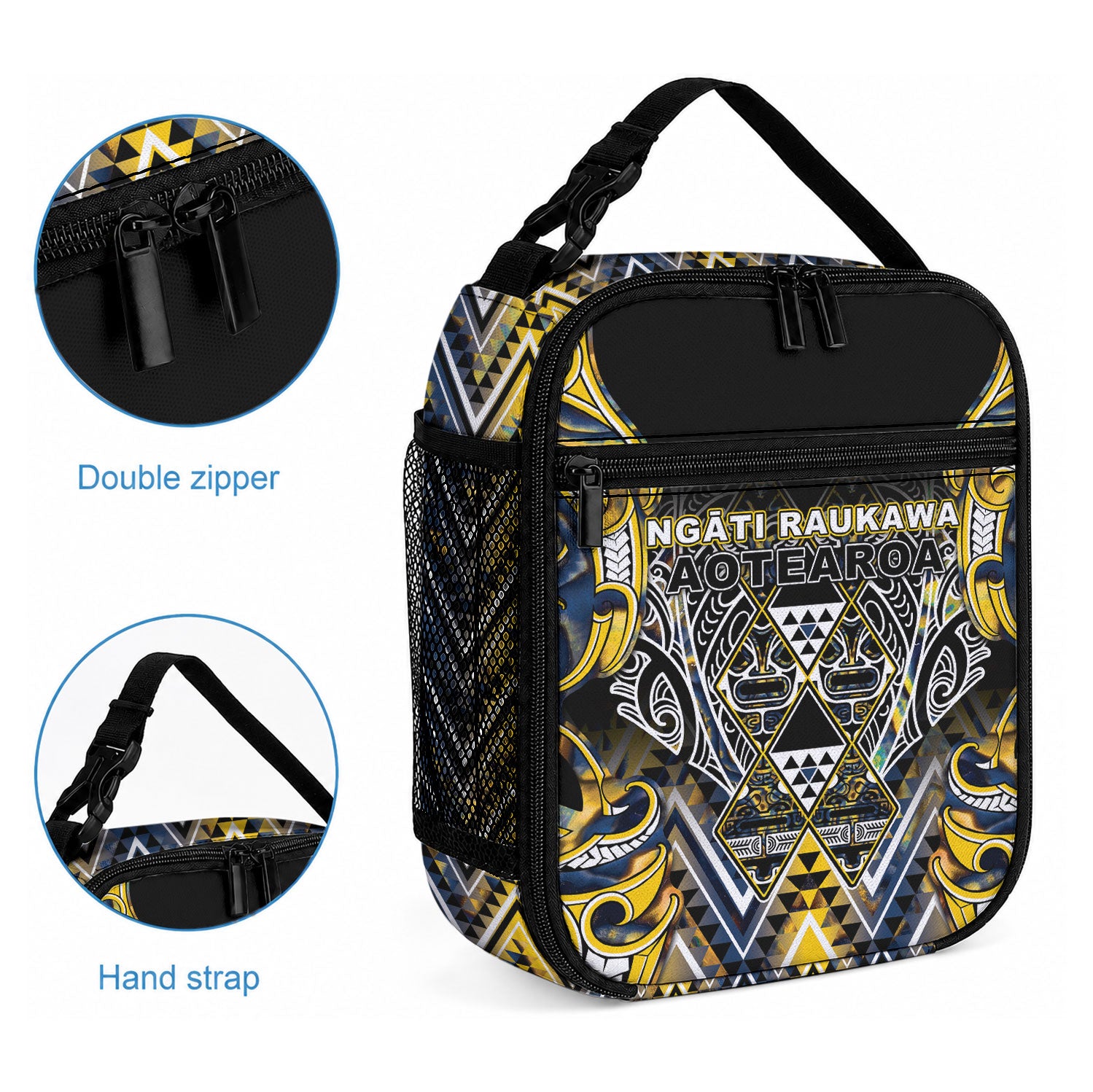 Aotearoa Ngati Raukawa Lunch Bag Maori Tribal Yellow And Navy Paua Shell Pattern