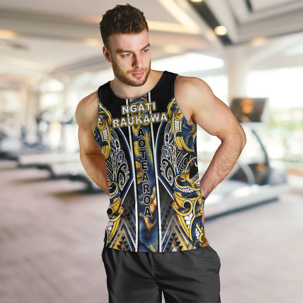 Aotearoa Ngati Raukawa Men Tank Top Maori Tribal Yellow And Navy Paua Shell Pattern