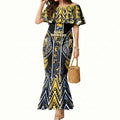 Aotearoa Ngati Raukawa Mermaid Dress Maori Tribal Yellow And Navy Paua Shell Pattern