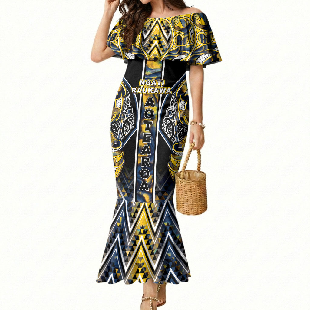 Aotearoa Ngati Raukawa Mermaid Dress Maori Tribal Yellow And Navy Paua Shell Pattern