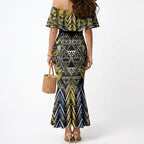 Aotearoa Ngati Raukawa Mermaid Dress Maori Tribal Yellow And Navy Paua Shell Pattern