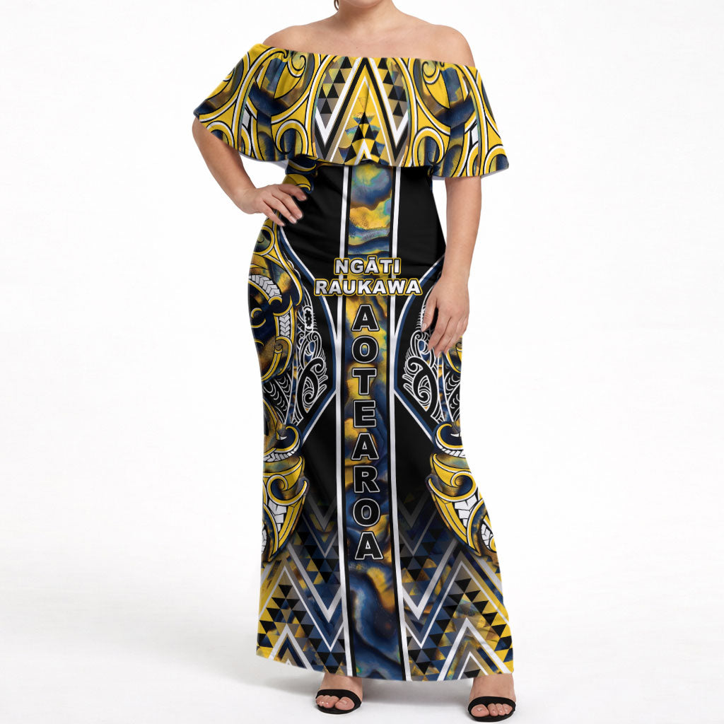 Aotearoa Ngati Raukawa Off Shoulder Maxi Dress Maori Tribal Yellow And Navy Paua Shell Pattern