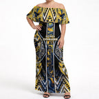 Aotearoa Ngati Raukawa Off Shoulder Maxi Dress Maori Tribal Yellow And Navy Paua Shell Pattern