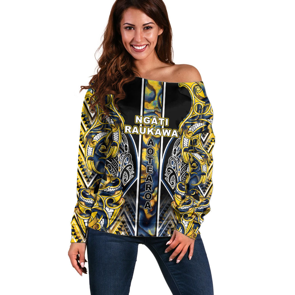 Aotearoa Ngati Raukawa Off Shoulder Sweater Maori Tribal Yellow And Navy Paua Shell Pattern