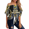 Aotearoa Ngati Raukawa Off Shoulder Wrap Waist Top Maori Tribal Yellow And Navy Paua Shell Pattern