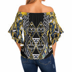 Aotearoa Ngati Raukawa Off Shoulder Wrap Waist Top Maori Tribal Yellow And Navy Paua Shell Pattern