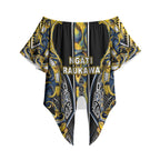 Aotearoa Ngati Raukawa Off Shoulder Wrap Waist Top Maori Tribal Yellow And Navy Paua Shell Pattern