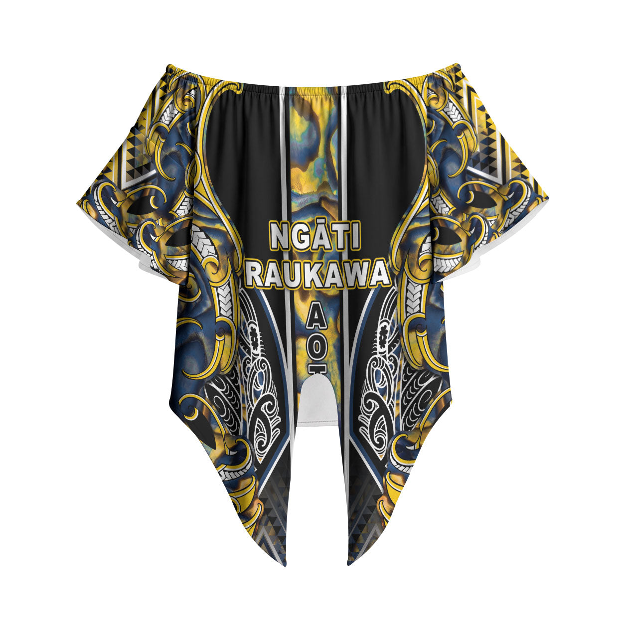 Aotearoa Ngati Raukawa Off Shoulder Wrap Waist Top Maori Tribal Yellow And Navy Paua Shell Pattern