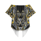 Aotearoa Ngati Raukawa Off Shoulder Wrap Waist Top Maori Tribal Yellow And Navy Paua Shell Pattern
