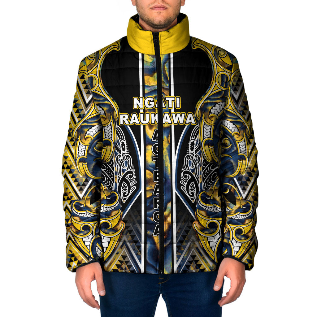 Aotearoa Ngati Raukawa Padded Jacket Maori Tribal Yellow And Navy Paua Shell Pattern