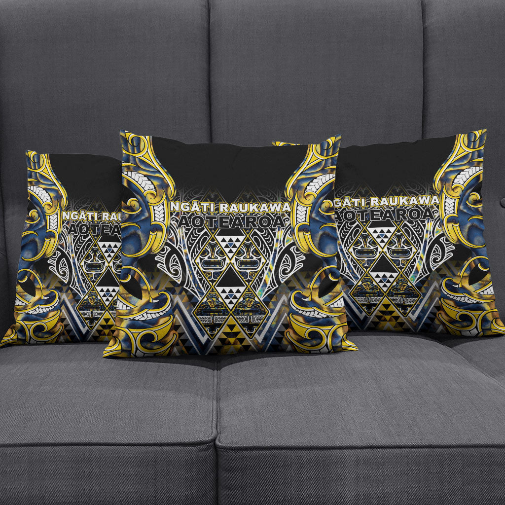 Aotearoa Ngati Raukawa Pillow Cover Maori Tribal Yellow And Navy Paua Shell Pattern