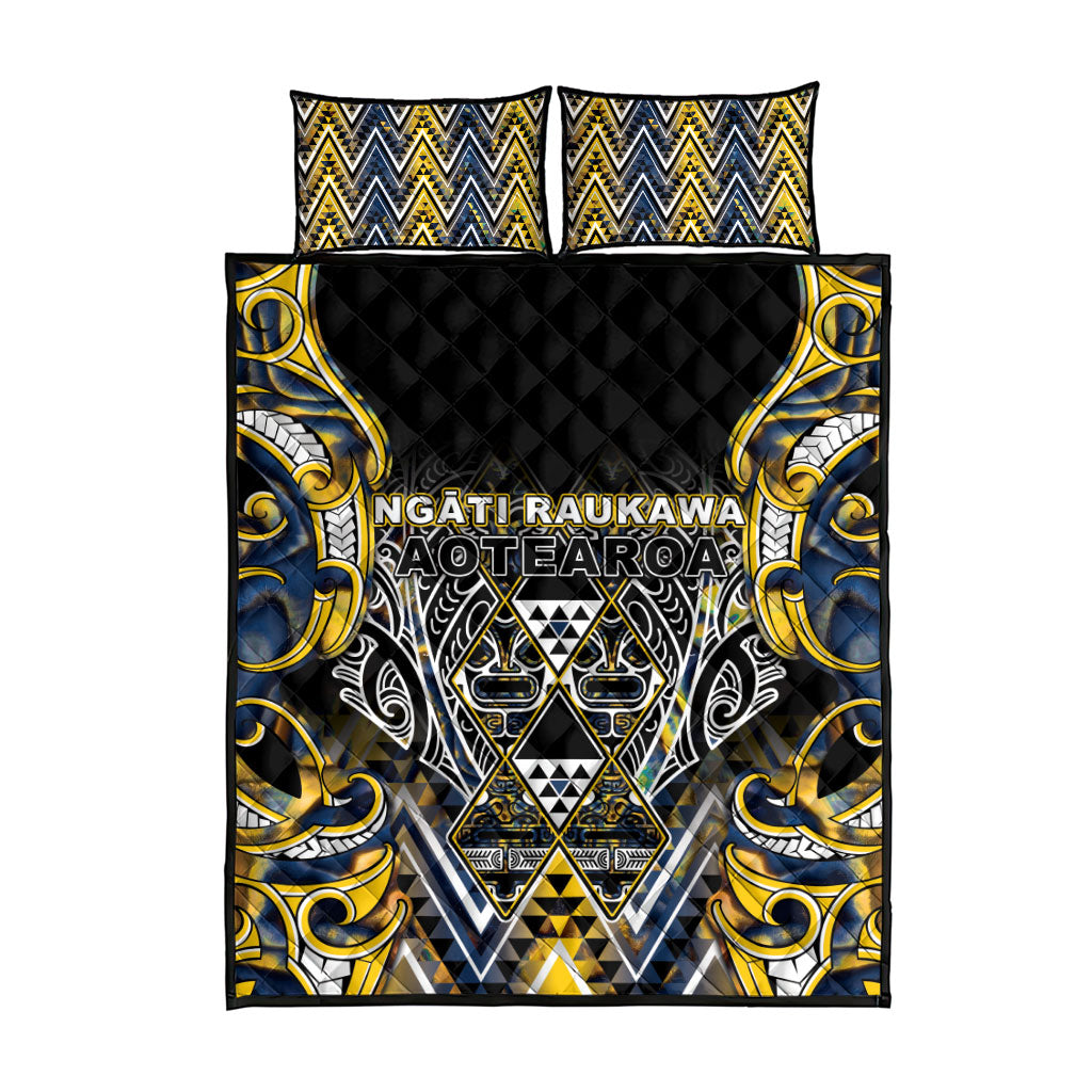Aotearoa Ngati Raukawa Quilt Bed Set Maori Tribal Yellow And Navy Paua Shell Pattern