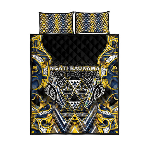 Aotearoa Ngati Raukawa Quilt Bed Set Maori Tribal Yellow And Navy Paua Shell Pattern