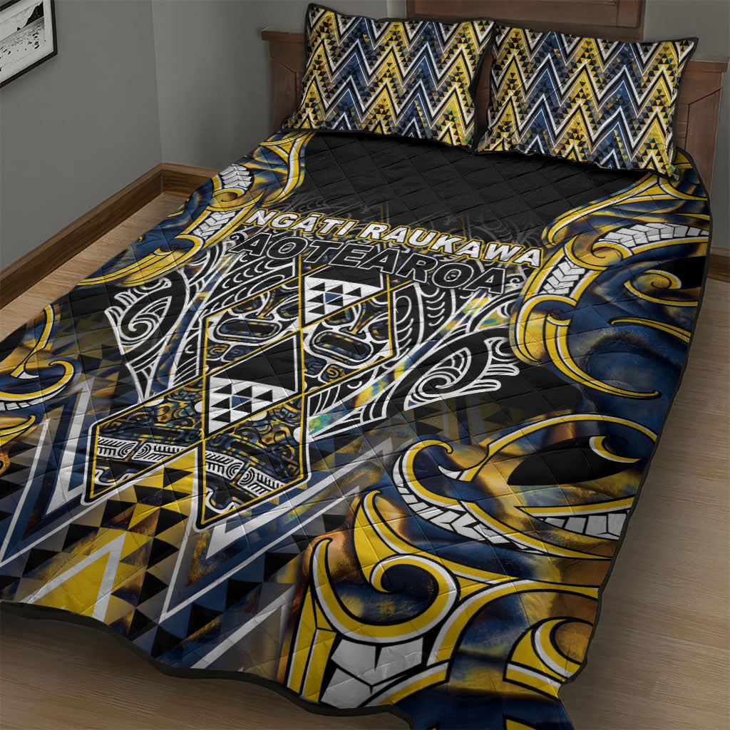 Aotearoa Ngati Raukawa Quilt Bed Set Maori Tribal Yellow And Navy Paua Shell Pattern
