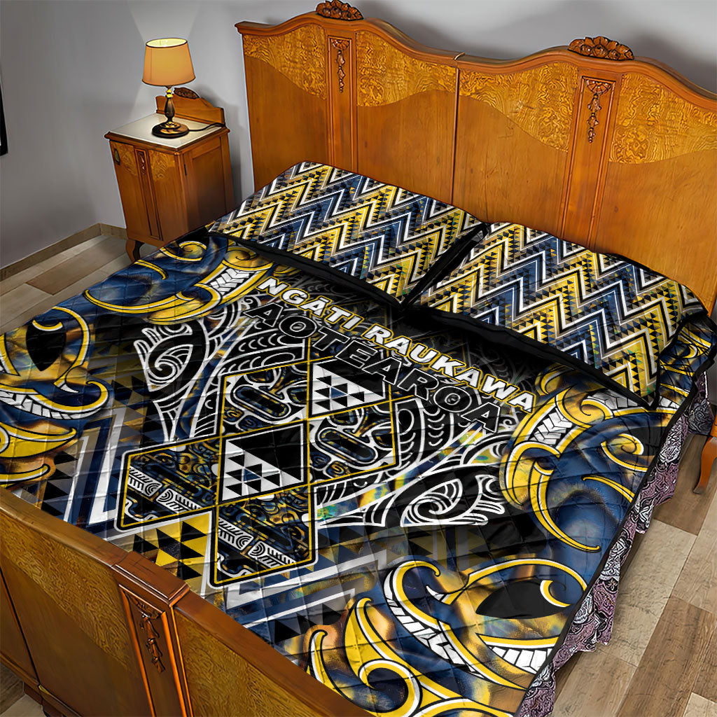 Aotearoa Ngati Raukawa Quilt Bed Set Maori Tribal Yellow And Navy Paua Shell Pattern