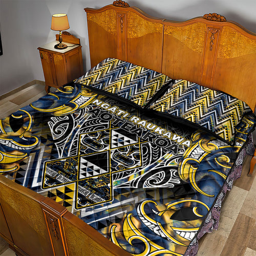 Aotearoa Ngati Raukawa Quilt Bed Set Maori Tribal Yellow And Navy Paua Shell Pattern