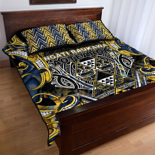 Aotearoa Ngati Raukawa Quilt Bed Set Maori Tribal Yellow And Navy Paua Shell Pattern