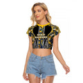 Aotearoa Ngati Raukawa Raglan Cropped T Shirt Maori Tribal Yellow And Navy Paua Shell Pattern