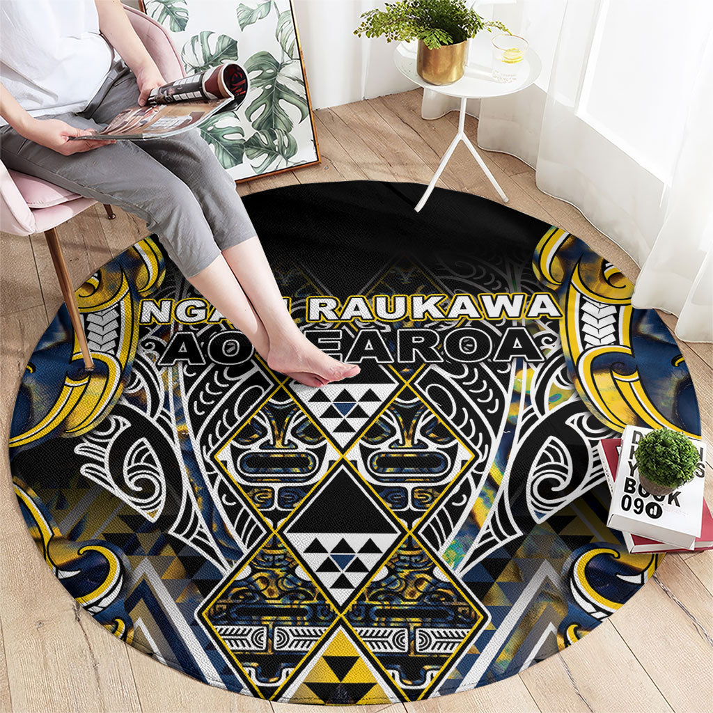 Aotearoa Ngati Raukawa Round Carpet Maori Tribal Yellow And Navy Paua Shell Pattern