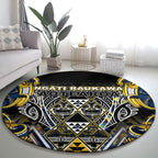 Aotearoa Ngati Raukawa Round Carpet Maori Tribal Yellow And Navy Paua Shell Pattern