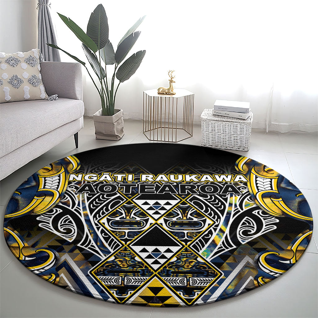 Aotearoa Ngati Raukawa Round Carpet Maori Tribal Yellow And Navy Paua Shell Pattern