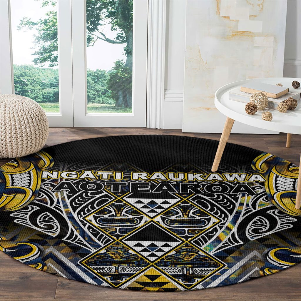 Aotearoa Ngati Raukawa Round Carpet Maori Tribal Yellow And Navy Paua Shell Pattern